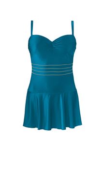 Picture of PLUS SIZE SWIM SUIT TEAL  WITH SKIRT AND GOLD TRIM.